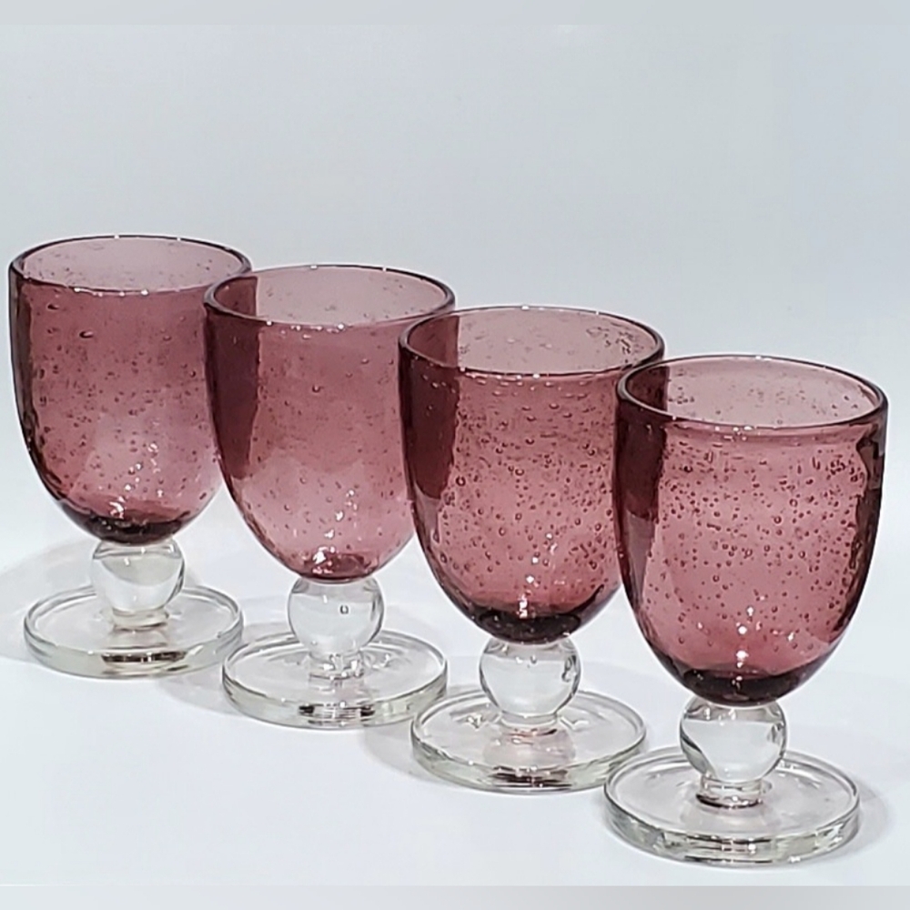 4pc Set Mouth-Blown 12oz Amythest Purple Bubbles Goblets - Picture 4 of 7